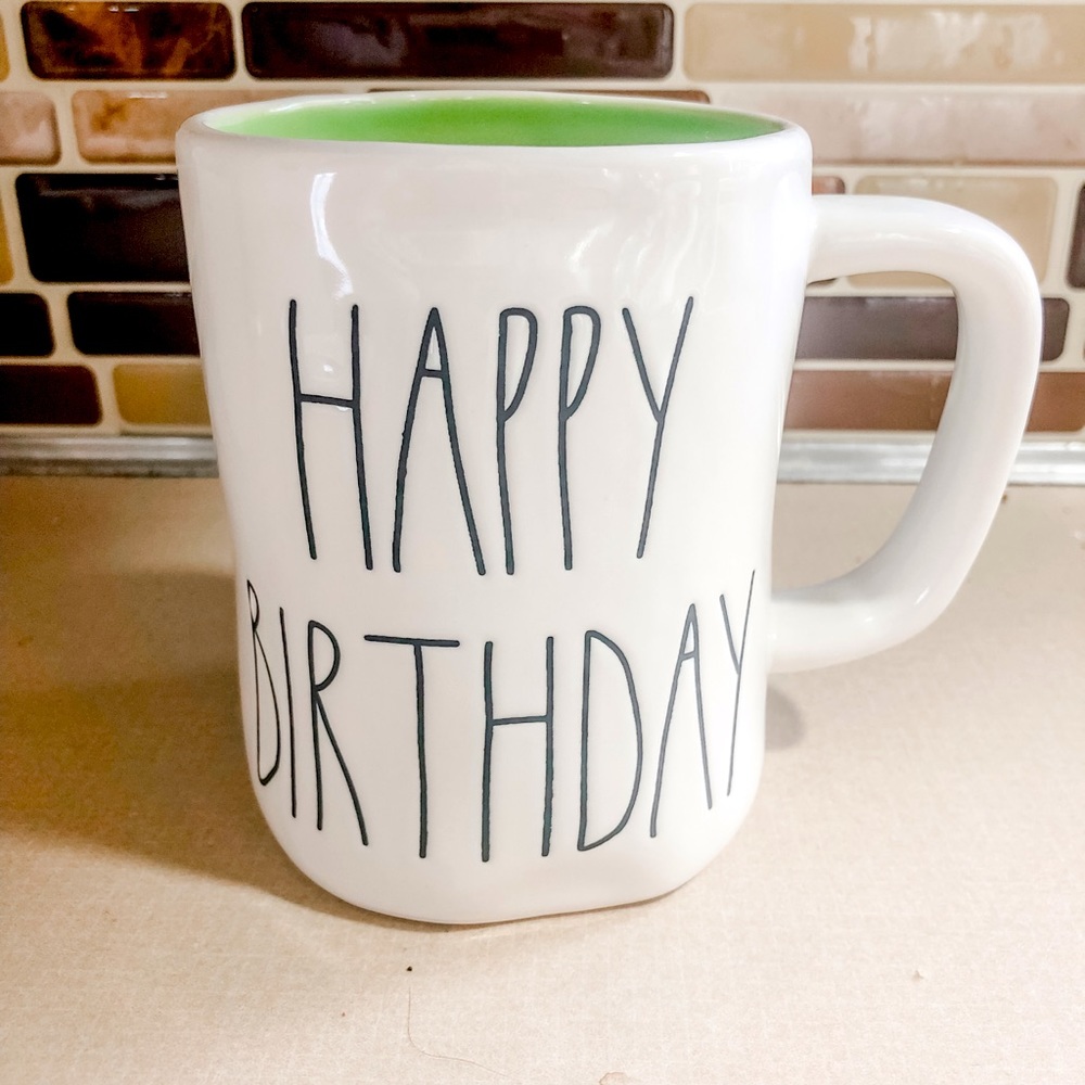Happy birthday Rae Dunn mug with green interior